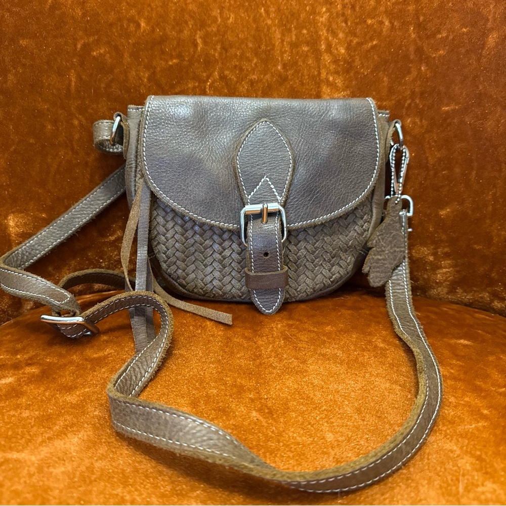 Roots Brown/Tan Leather Woven Crossbody Bag